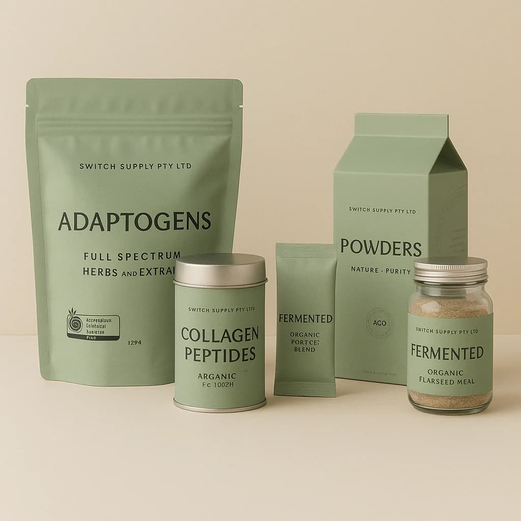 Private label product range including pouches, tins, and jars