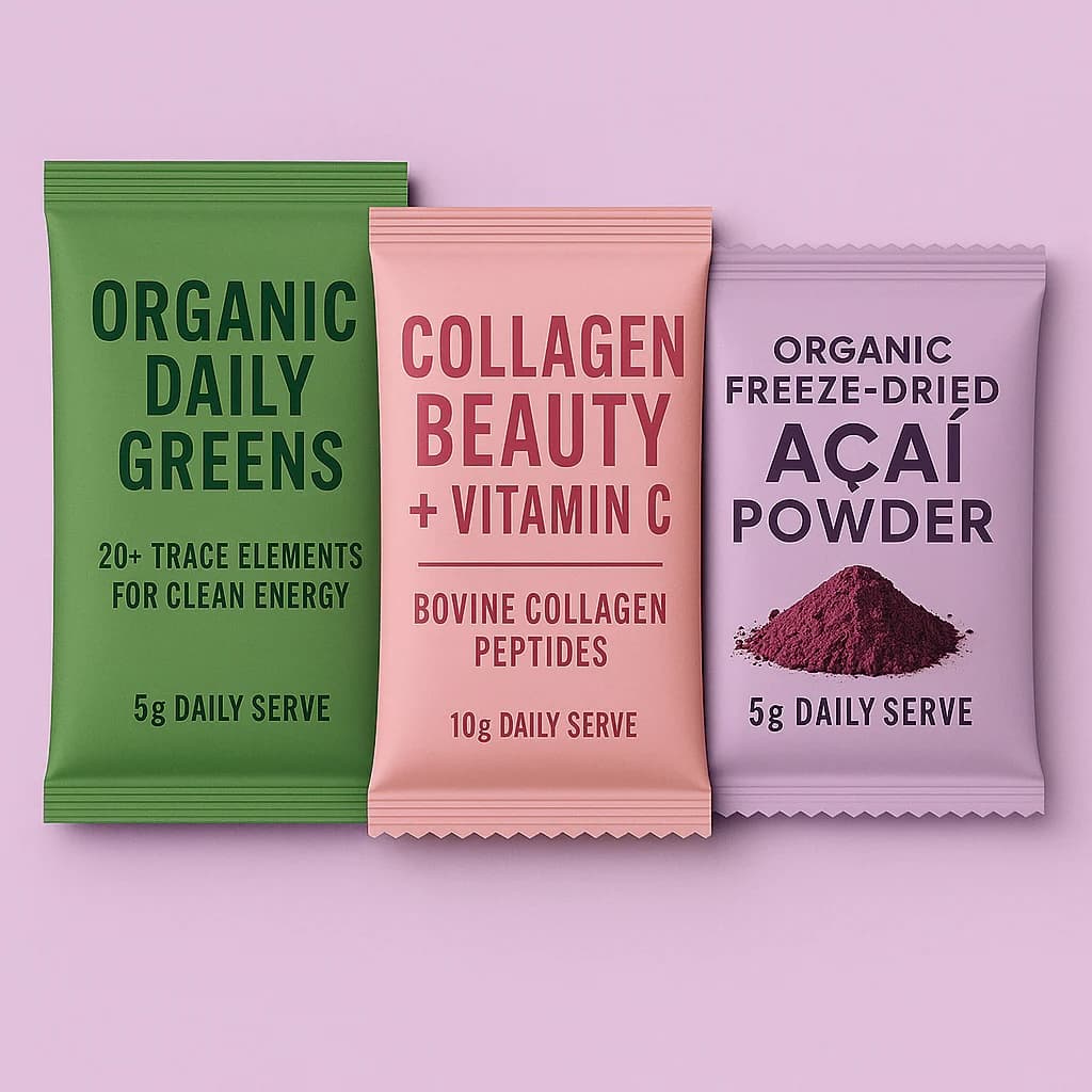 Sachet packaging options - Daily Greens, Collagen Beauty, Acai Powder